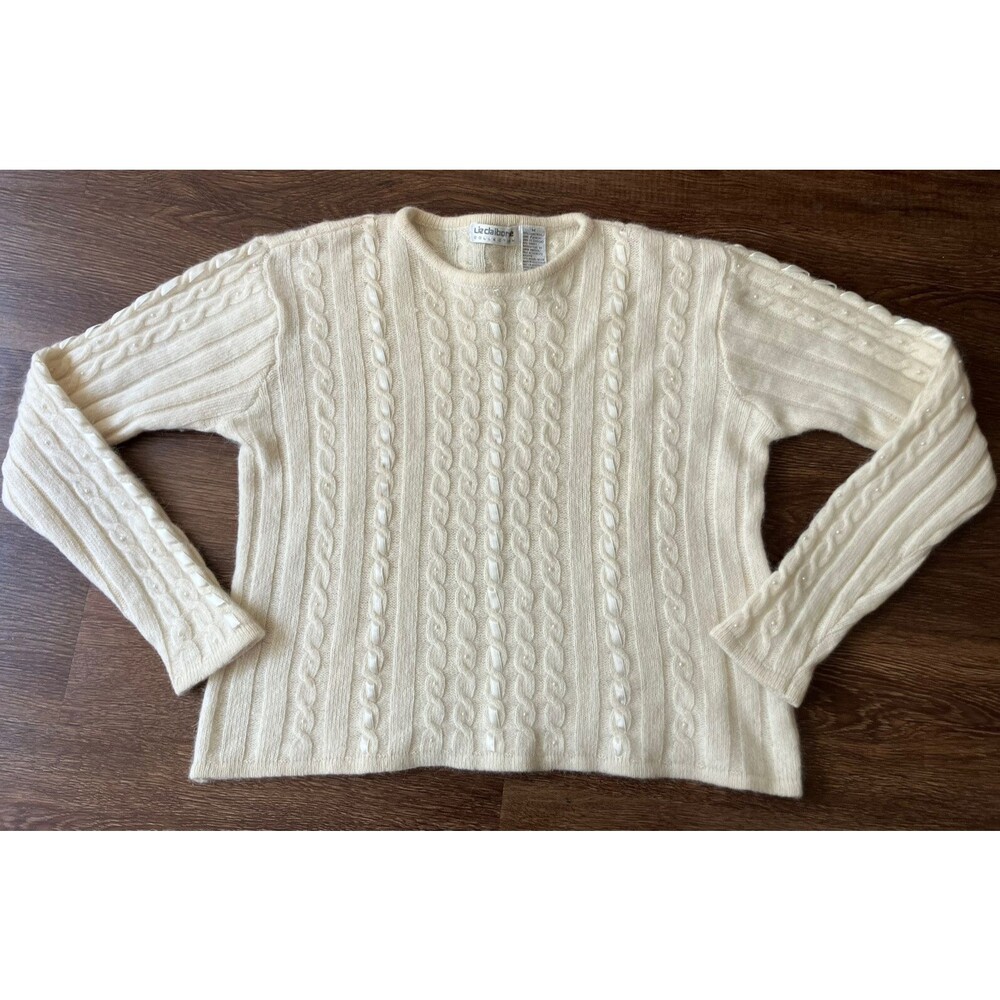 Vintage Liz Claiborne Cropped Angora Blend Cream Sweater Ribbon Pearl Beads M/L